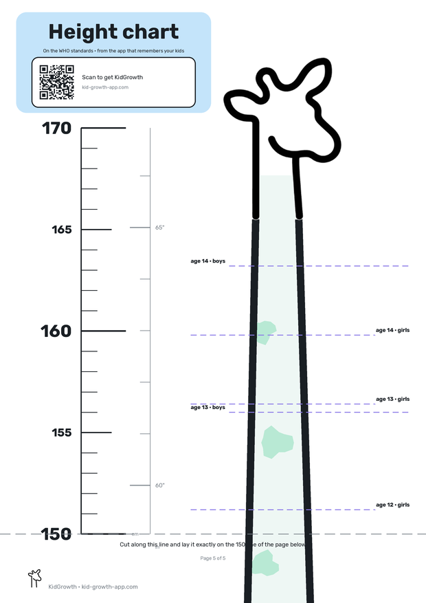 Preview of the top page of the height chart: the giraffe's head, the title, a centimetre scale and a QR code