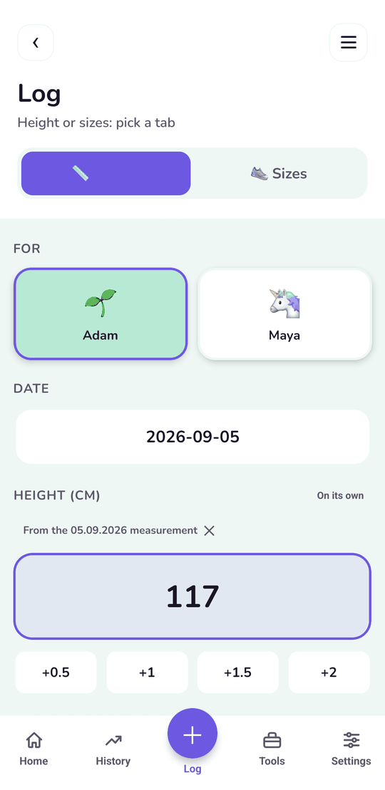 Logging a measurement, with last time's numbers already loaded